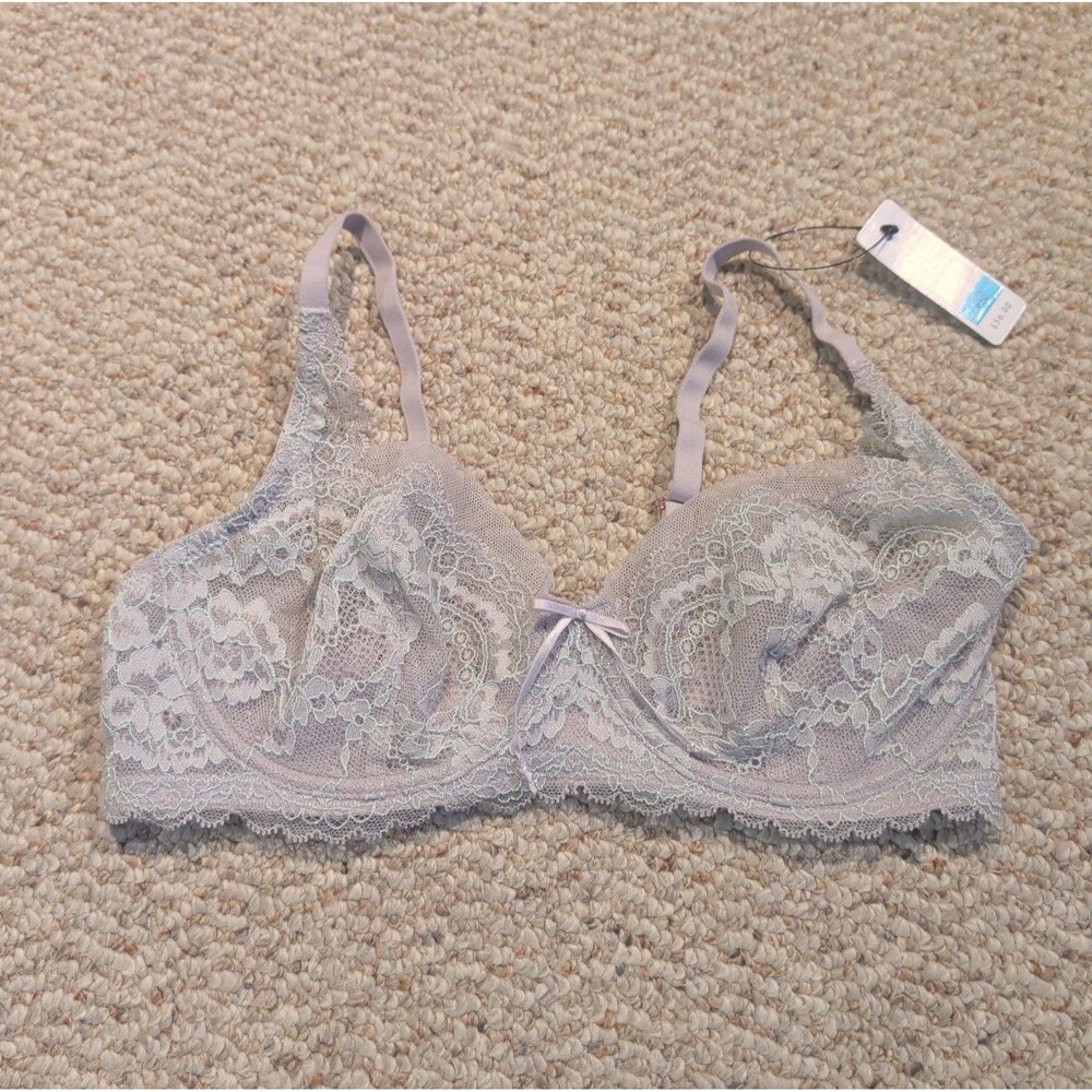 Skarlett Blue Minx Balconette Bra Womens 32C Silver Gray Lace Bow Underwire